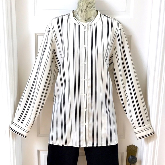 Everlane Tops - NWOT Everlane Sz M silk collarless button front striped black & white top